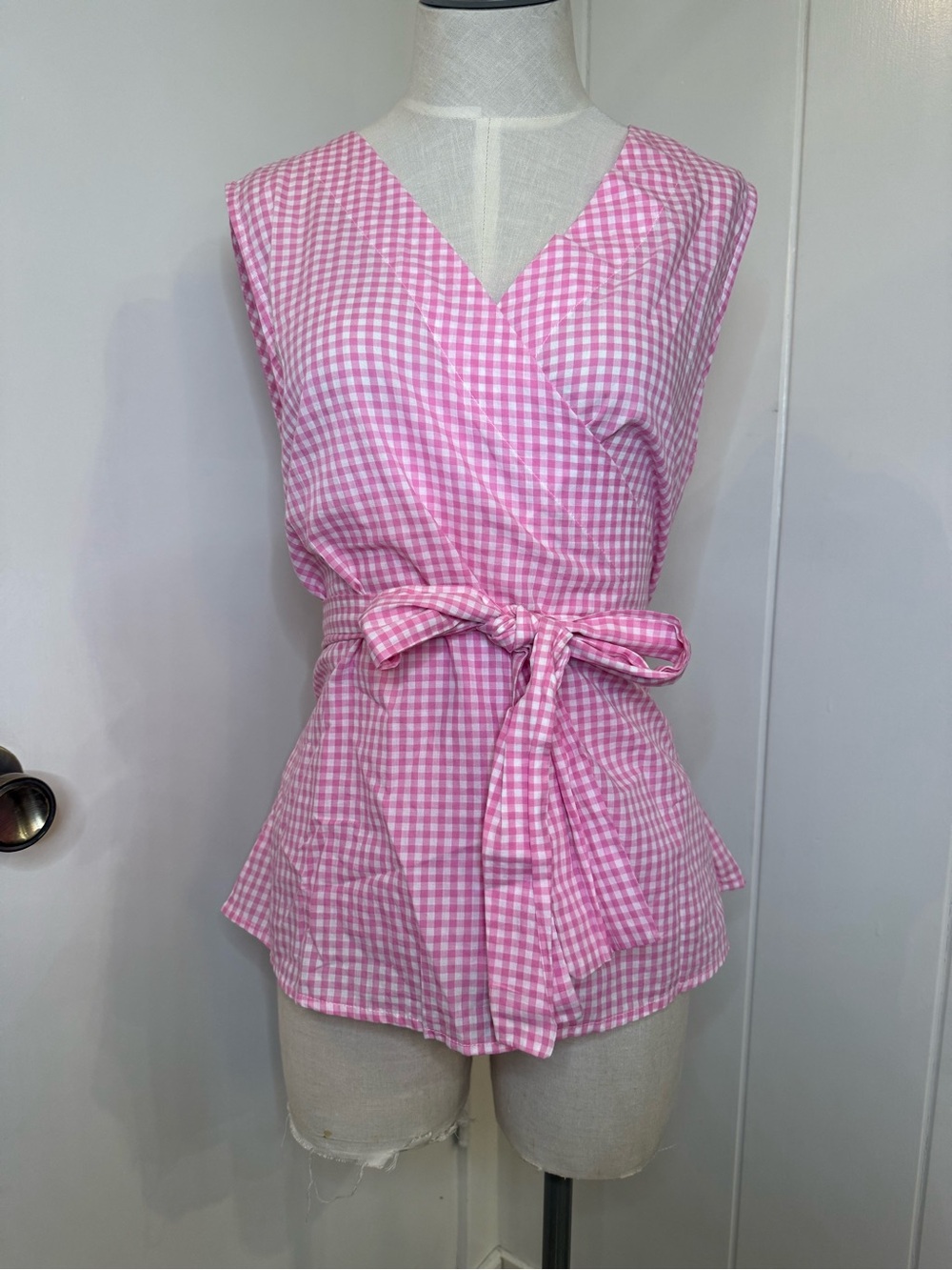 BeachlunchLounge- Pink Gingham Wrap Tie-Waist Top